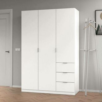 Dmora Guardaroba 3 ante Fullerton, Armadio per camera da letto 3 cassetti, Mobile con 3 ripiani e barra appendiabiti, 135x52h200 cm, Bianco