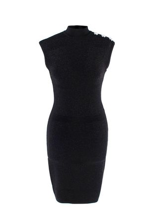Balmain Black Metallic Ribbed Midi Dress with Silver Button Detail Size XS