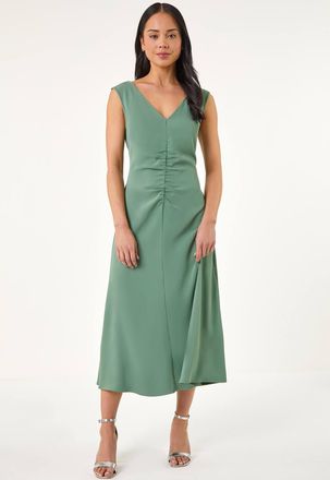 Roman V-Neck Ruched Stretch Midi Dress