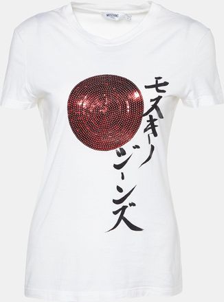 Moschino Jeans White Embellished & Printed Cotton Knit T-Shirt