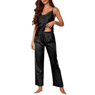 Generic Women Silk Satin Pajamas Sleeveless Cami Top and Pants 2 Piece Summer Loungewear Sleepwear 2025 New Pyjamas for Women Black