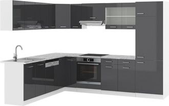 Vicco Cucina angolare completa R-Line, Antracite lucido/bianco, 227 x 287 cm, pl Marmo