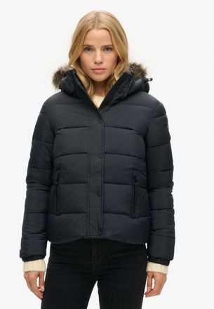 Superdry Steppjacke SUPERDRY FAUX FUR SHORT HOOD PUFFER, Damen, Gr. XL, schwarz (jet schwarz), Web, Obermaterial: 97% Nylon, 3% Polyester, unifarben, elastisch