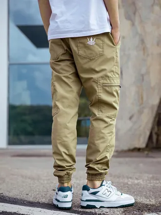 OEM Jigga Wear Crown Pantaloni Cargo Jogger In Ripstop Con Coulisse, Beige Chiaro
