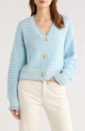 All in Favor Chunky Stripe V-Neck Cardigan in Light Blue at Nordstrom Rack, Size X-Small