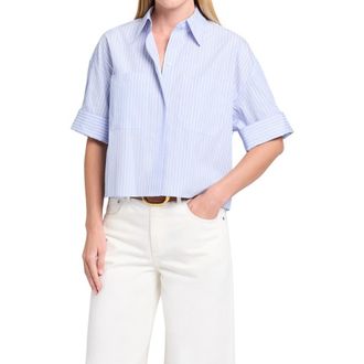 TWP My Newest Mistake Pinstripe Button-Up Shirt in Blue Haven /White at Nordstrom, Size X-Small