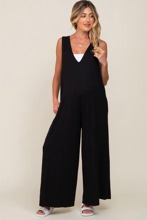 Pinkblush Deep V Sleeveless Wide Leg Jumpsuit in Black at Nordstrom, Size Medium