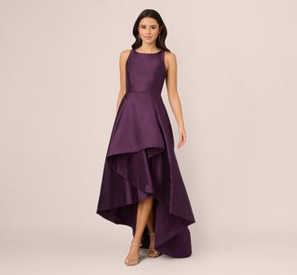 Adrianna Papell High Low Mikado Gown With Asymmetrical Detail In Luxe Plum
