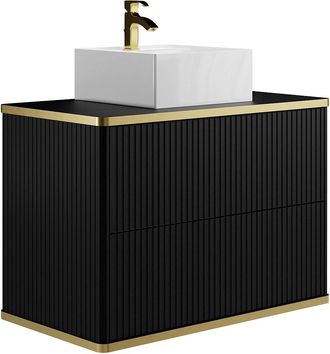 Vente-Unique Mueble de baño suspendido estriado con ribete dorado y lavabo sobre encimera - Negro - 80 cm - KELIZA