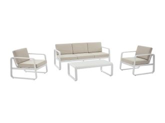 Vente-Unique Conjunto de jard&iacute;n de aluminio: 1 sof&aacute; de 3 plazas, 2 sillones y 1 mesa de centro - Blanco con cojines beige - LOMIA de MYLIA