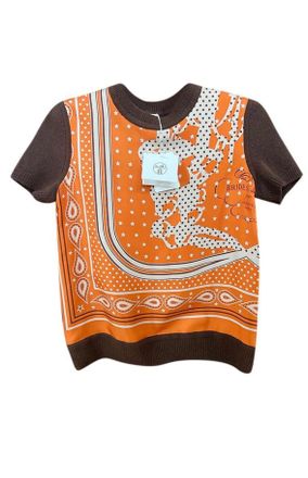 Herm&egrave;s Orange and Brown Silk Blend Short Sleeve Twillaine Top Size M