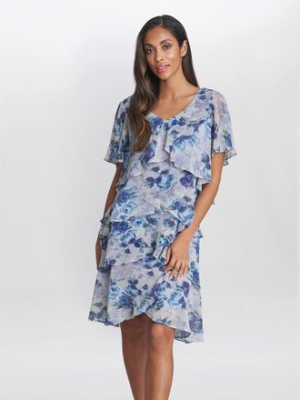 Gina Bacconi Womens Bridget Printed Tiered Dress With Trim - Purple - Size 10 UK