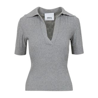 Erika Cavallini Semi Couture Polo Shirts, female, Gray, Size: S Ribbed V-Neck Shirt Grey Cotton