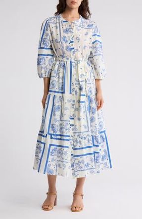 Ellen Tracy Bandana Print Belted Tiered Cotton Shirtdress in Blue Patchwork at Nordstrom Rack, Size Medium