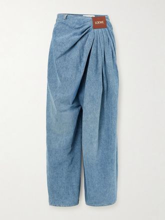 Loewe Jeans A Gamba Larga E Vita Alta In Denim Drappeggiato Con Finiture In Pelle - Blu