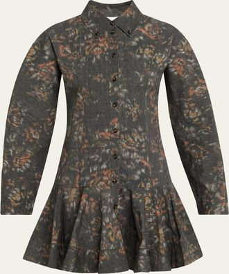 Ganni Printed Long-Sleeve Drop-Waist Shirtdress