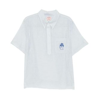 Brain Dead Tops, Heren, Blauw, L, Polyester, California Puckered Shirt met Korte Mouwen en Halve Sluiting