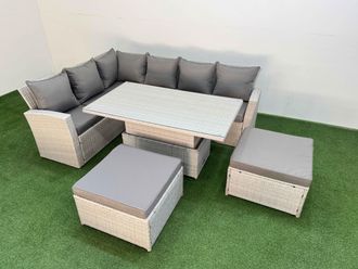 Fimous 8 Seat Garden Furniture Corner Sofa with Armchair 2 Big Footstools in Light Grey