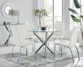Furniturebox Selina Round Glass Chrome Leg Dining Table & Isco Chairs in Off-White | Size: 4 Person