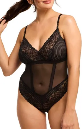 Montelle Intimates Tempatation Lace & Mesh High Cut Teddy in Black/sand at Nordstrom, Size X-Large