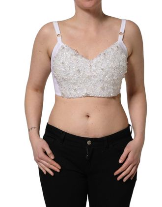 Dolce & Gabbana Womens White Pearls Beaded Corset Bustier Crop Top Elastane Polyester