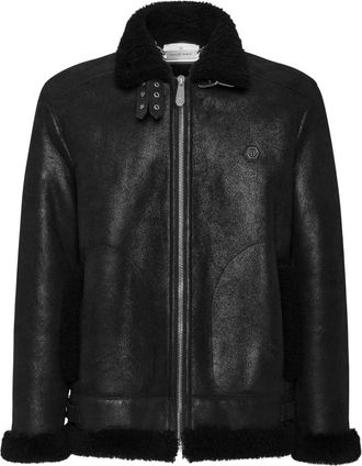 Philipp Plein Shearling Leren Bikerjack - Heren - Leren en Su&egrave;de Jassen - Zwart - L - Katoen - Jassen