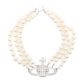 Vivienne Westwood Necklaces, female, Gray, Size: ONE SIZE Three Row Pearl Bas Relief Necklace