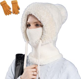 Generic 3 in 1 Beanie Hat with Scarf and Mask, 3 in 1 Winter Balaclava for Women,Womens Outdoors Windproof Scarf Hat (UK, Alpha, One Size, White)