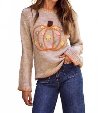 So Me Pumpkin And Floral Embroidered Sweater In Beige