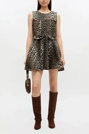 Ganni Brown Leopard Denim Mini Dress - Size 34 Organic Cotton