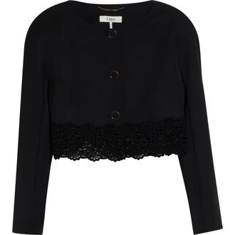 Chlo&eacute; Lace Trim Crop Wool Grain de Poudre Jacket in Black at Nordstrom, Size 10 Us
