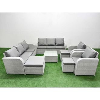Fimous Pe Rattan High Back Lounge Sofa Set Patio Square Coffee Table & Chairs Set with 3 Seater Sofa Reclining Chair 3 Stools Light Grey - Fimous