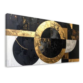 Feeby Cuadro En Lienzo, Abstracci&oacute;n Textura C&iacute;rculos Formas Negro Dorado, 120x60