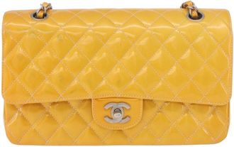 Chanel Timeless - Classic Double Flap Quilted Patent Yellow Patent_Leather Handbag (Pre-Owned)