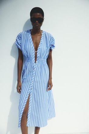 H&M Smocked-waist Button-front Dress in Blue/striped at Nordstrom, Size X-Small