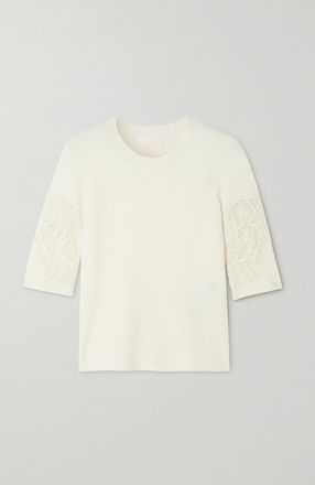 Chlo&eacute; Maglia In Misto Lana A Coste Con Finiture In Pizzo Guipure - Bianco