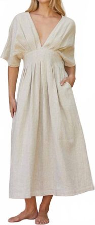 Crescent Amiee Pleated Linen Midi Dress In Oatmeal