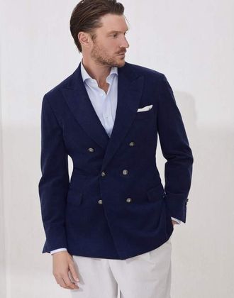 Brunello Cucinelli Mens Sapphire Wool Silk Double Breasted Blazer, Size 48