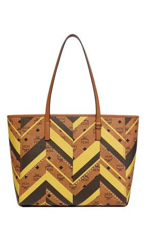 MCM Studded Toni Top-Zip Shopper in Mega Herringbone Visetos in Cognac at Nordstrom