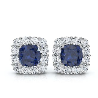 Pompeii3 1 1/2Ct Blue Sapphire & Diamond Cushion Halo Studs 14k Gold Earrings Lab Grown