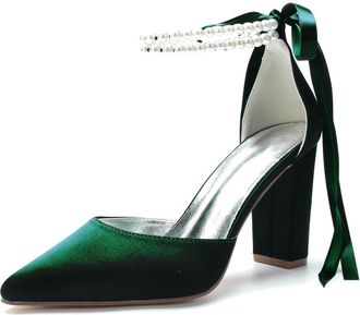 Generic Bridal Shoes Womens Pointy Toe Wedding Shoes Chunky Block Heels Satin Ankle Strap Prom Bridal Evening Party High Heels Shoes 9Cm,Dark Green,10 UK