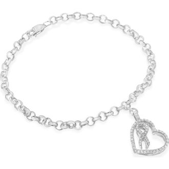 House of Brilliance 925 Sterling Silver 1/4 Cttw Diamond-Accented Heart and Ribbon Charm Link Chain Bracelet at Nordstrom