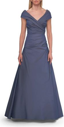 La Femme Off-the-Shoulder Stretch Taffeta A-Line Gown in Slate Blue at Nordstrom, Size 10