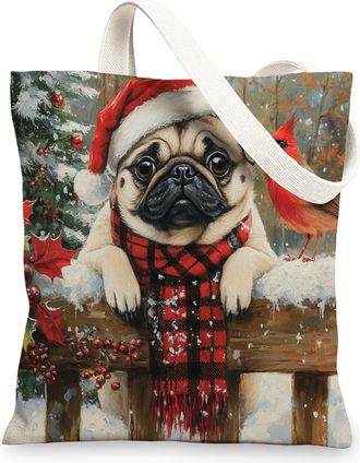 Generic Christmas Pug Dog Canvas Tote Bag for Shopping 13x15, Xmas Farmhouse Cardinal Puppy Reusable Grocery Print Bag for Women, Holiday Pet Beach Aesthetic 