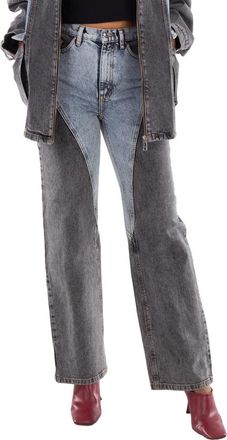 Rotate Ladies Medium Blue Denim Straight Patchwork Jeans, Waist Size 24