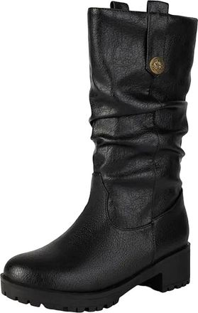 Generic Womens Retro Mid Calf Boots Round Toe Medium Block Heel Platform Slip On With Metal Decoration Leisure Footwear