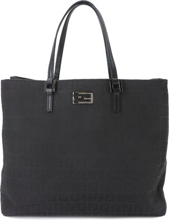 Fendi Zucchino Black Canvas Leather Handbag Tote Bag (Pre-Owned)
