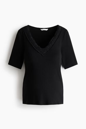 H&M MAMA Geripptes Shirt mit V-Ausschnitt - Schwarz