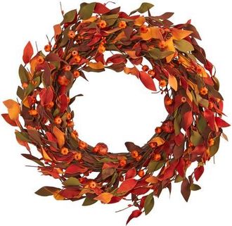 Nearly Natural 20-in Harvest Leaf and Mini Pumpkin Artificial Wreath in Orange at Nordstrom