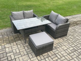 Fimous Garden Patio Furniture Wicker Rattan Oblong Rectangular Dining Table & Loveseat Sofa set with Big Footstool in Dark Grey